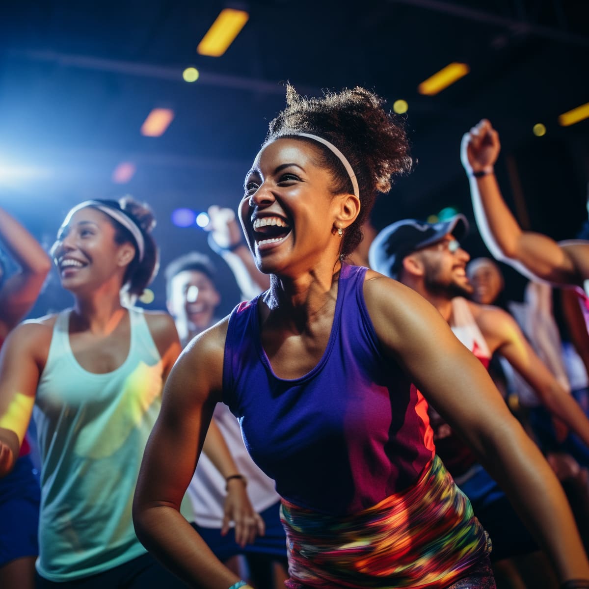 Turma sorrindo e dançando em aula de fit dance sob luzes coloridas