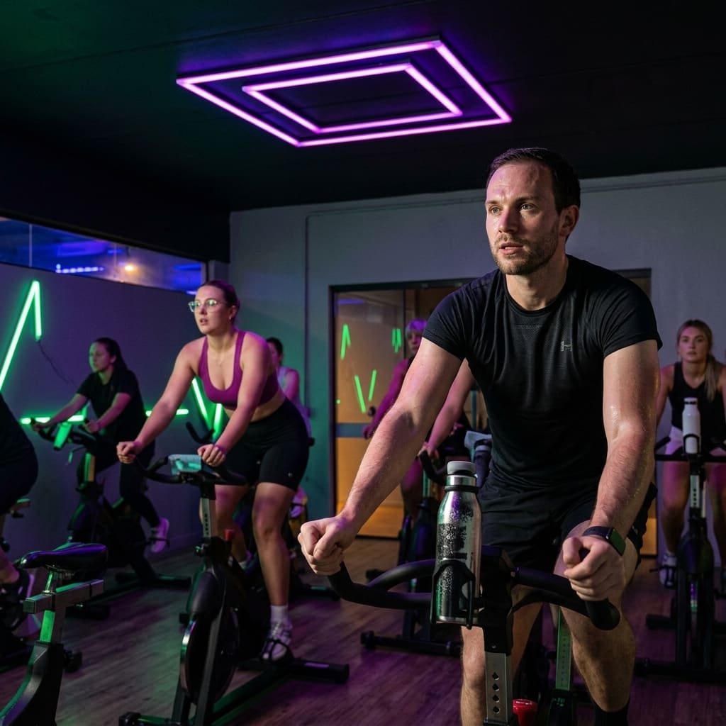 Turma pedalando em aula de spinning sob luz neon
